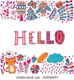 Hello lettering illustration card, cure childish design: flower doodles, cat and owl.