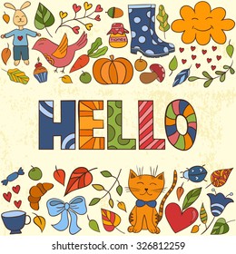 Hello lettering illustration card, cure childish design: leaves doodles, animal, vegetables and things
