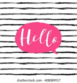 Hello lettering on speech bubble on striped background