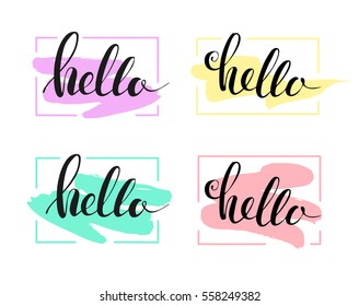 Hello lettering. Vector illustration. Lettering isolated on brushstroke.