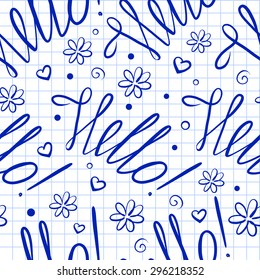 Hello lettering vector seamless pattern on the check paper