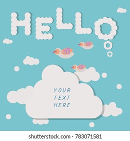 hello letters cloud in the sky with birds for greeting,vector illustration ,pastel color,for text here