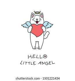 Hello little angel. Kawaii illustration of a angel cat with a heart in his paws. Vector 8 EPS.