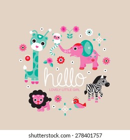 Hello Little Girl Zoo And Jungle Animals Postcard Cover Design For New Born Baby Girls Announcement Or Invitation 