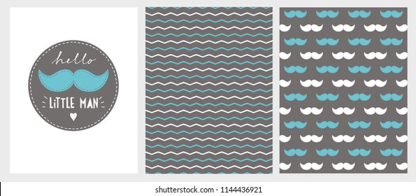 Hello Little Man Vector Illustration Set. Blue Moustache And White Hand Written Text Placed In A Grey Circle On A White Background. White And Blue Chevron Pattern. White And Blue Moustaches Pattern. 