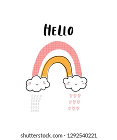 Hello little one. Card template for little baby.  Hand drawn vector illustration in pink and yellow.