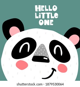 hello little one. cartoon panda, hand drawing lettering. Colorful vector illustration, flat style. design for greeting cards, print, poster