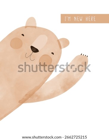 Hello Little One. A Hand-drawn Bear Waves Gently From A White Background. Cute Baby Shower Vector Card With Big Friendly Bear, Designed In Soft, Neutral Tones. Gender-neutral Baby Shower Card. RGB.