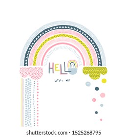 Hello little one handwritten vector lettering. Abstract decorative rainbow color flat illustration. Dotty round raindrops, textured cloud, bow and text. Cartoon scribble, circle drops drawing and