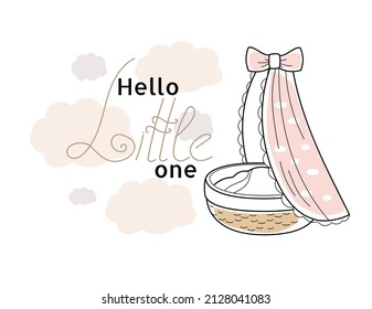 hello Little One nursery poster. Printable art for kids. Baby girl illustration in pinkdoodle hand drawn Cartoon sketch style for icon, banner. 