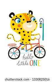 Hello little one. Poster with cute animal on a white background. Funny transport. Design for kids zone decoration in a childish style. Illustration in vector. 