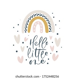 Hello little one the rainbow calligraphy lettering text and illustration rainbow for social media content or kids greeting card. Vector hand drawn design