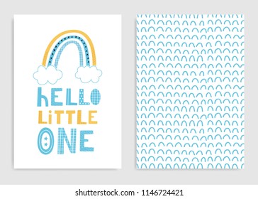 Hello little one. Set of card templates for little baby.  Hand drawn vector illustration in blue and yellow.