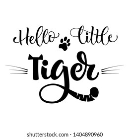 Hello little phrase. Hand drawn calligraphy and script style baby shower lettering quote. Simple isolated text with foot print decor. Print, invitation, card, poster design element.