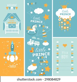 Hello, Little Prince Baby Shower vector Set with Pattern and four greeting designs