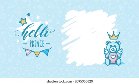 Hello little prince vector poster with typographic composition, teddy toy and bunting flags. Baby Shower Blue Background. Baby Arrival Cartoon Vector Illustration with Copy Space
