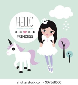 Hello little princess cute little new born baby announcement with girl crown cloud love and unicorn illustration background in vector