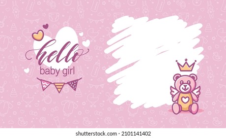Hello little princess vector poster with typographic composition, teddy toy and bunting flags. Baby Shower Pink Background. Baby Arrival Cartoon Vector Illustration with Copy Space