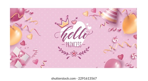 Hallo kleine Prinzessin Vektor Poster mit kalligrafischer Komposition, Kronen, Ballons und Blumenelementen. Babydusche, rosafarbener Hintergrund. Babyanreise Cartoon Vektorgrafik