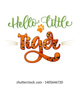 Hello Little Tiger phrase. Hand drawn calligraphy and script style baby shower lettering quote. Colorful isolated text with minimalistic decor. Print, invitation, card, poster