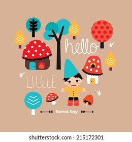 Hello little woodland forest boy fall themed kids toadstool fantasy village postcard cover design in vector