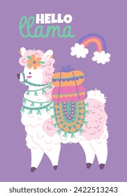 Hello llama greeting card design. Cute alpaca carrying pillows with rainbow decorative element. Travel animal character with blanket. Hand drawn isolated vector illustration.