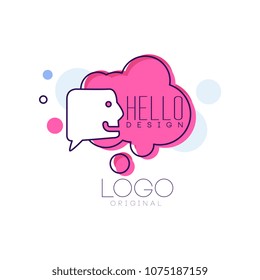 Hello logo original design, pink badge with Hello word, message bubble and cloud vector Illustrations on a white background