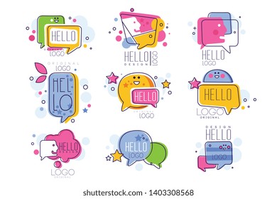 Hello logo templates set, bright badges, Hello quote message bubble vector Illustrations on a white background