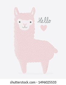 Hello Love. Sweet Nursery Vector Art with Cute Hand Drawn Pink Llama and Heart. Childish Style Nursery Illustration Ideal for Card, Wall Art, Invitation, Poster, Baby Room Decoration.