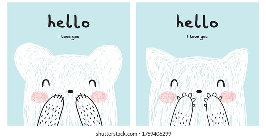 Hello I love you. Cute Hand Drawn White Funny Teddy Bear and Sweet Kitty Vector Illustration Set. Lovely Nursery Art with Shy Baby Bear and Little Cat on a Light Blue Background.Kids Room Decoration.