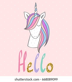 Hello. Magic cute unicorn. Vector greeting card.