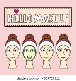 Hello makeup.Beauty products icons.Decorative cosmetics.Face makeup.Those women before and after makeup.Steps in the make-up.