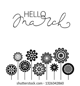 Hello March abstract vector background with lettering. Spring card template. Folk flowers print design.