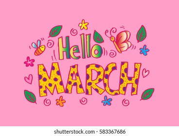 Hello March decorative lettering card