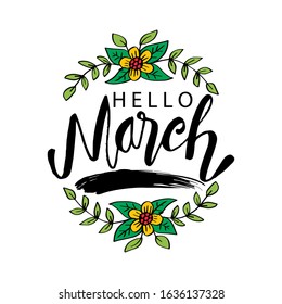 Hello March hand drawn  lettering. Greeting card.