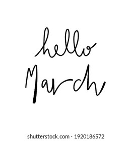 Hola Marzo con letras de la mano sobre fondo blanco.