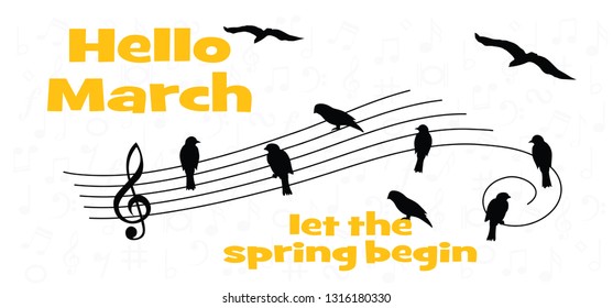 Hello March Let the spring begin Let spring begin Flying bird love month Fun funny vector music note notes signs signs wave line pattern heart spring birds silhouettes bird silhouettes sitting time