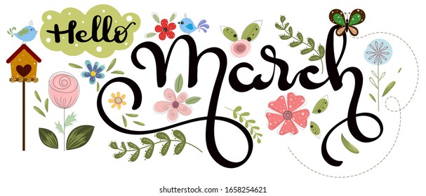 Hello March. March month vector with flowers, birds, butterflies and leaves. Decoration floral. Illustration month march