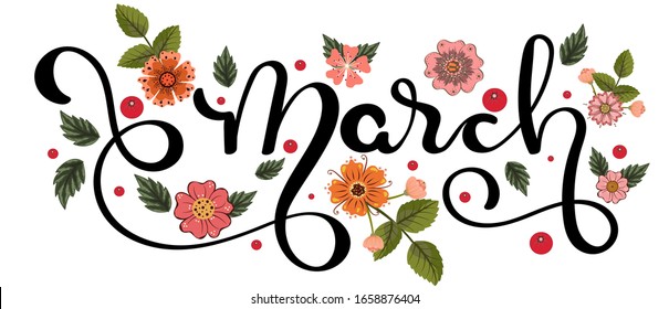 Hello March. March month vector with flowers and leaves. Decoration floral. Illustration month march