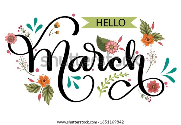 こんにちは 花と葉のある3月のベクター画像 花柄 イラスト月3月 のベクター画像素材 ロイヤリティフリー