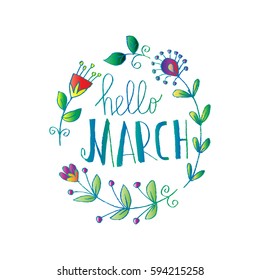 Hello March postcard, card, invitation, flyer, banner.