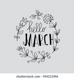 Hello March postcard, card, invitation, flyer, banner.