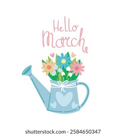 Hello March quote. Floral springtime hand drawn prints design. Positive stickers, postcards or posters