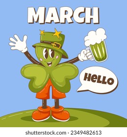 Hola, Marzo. Carácter retro groovy de trébol en un sombrero saluda y sostiene un vaso de cerveza verde. Fondo de primavera, formato cuadrado, cuadro de diálogo. Feliz Día de San Patricio. Ilustración de dibujos animados.