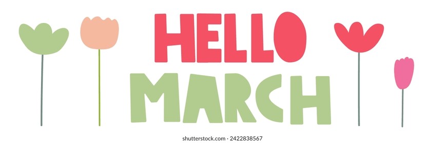 Hallo Marsch. Springtime. Flaches Design. Horizontaler Banner. Vektorgrafik auf weißem Hintergrund.