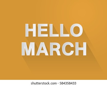 Hello March typography paper art and craft style on orange background