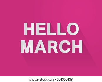 Hello March typography paper art and craft style on pink background