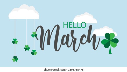 Hello March vector background. Cute lettering banner with clouds and clovers illustration. - Shutterstock ID 1893786475