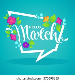 Hello March, vector banner design template with images of green leaves, bright flowers and lettering composition 