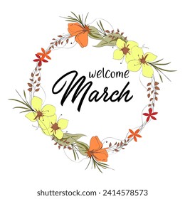 Hello March vector. Welcome march. March with spring flower vector.